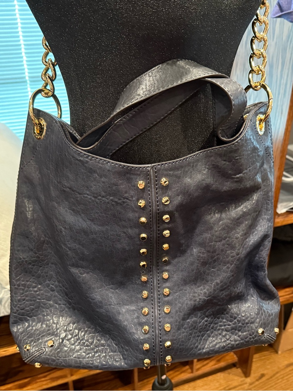 Michael Kors Navy Leather Shoulder Bag with Gold Studs and Chain